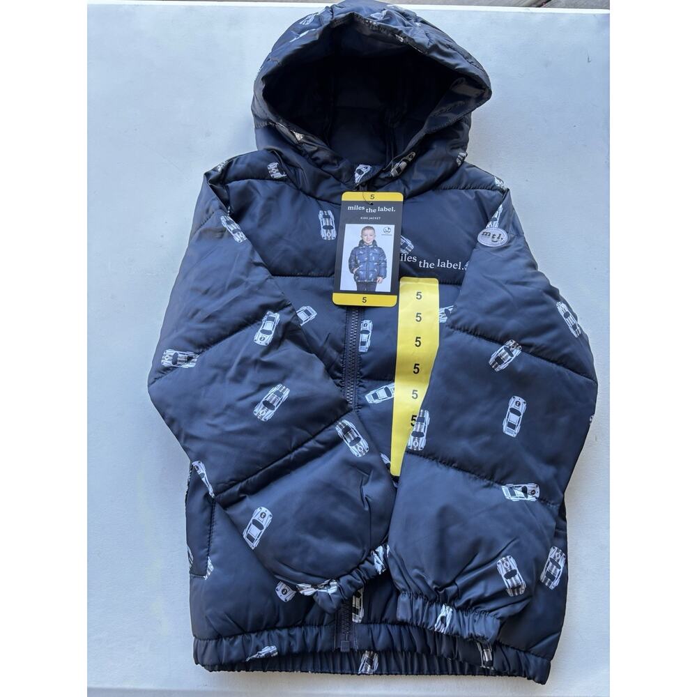 Miles the Label Kids Hooded Puffer Jacket Boys Navy Car Design Size 5. NWT